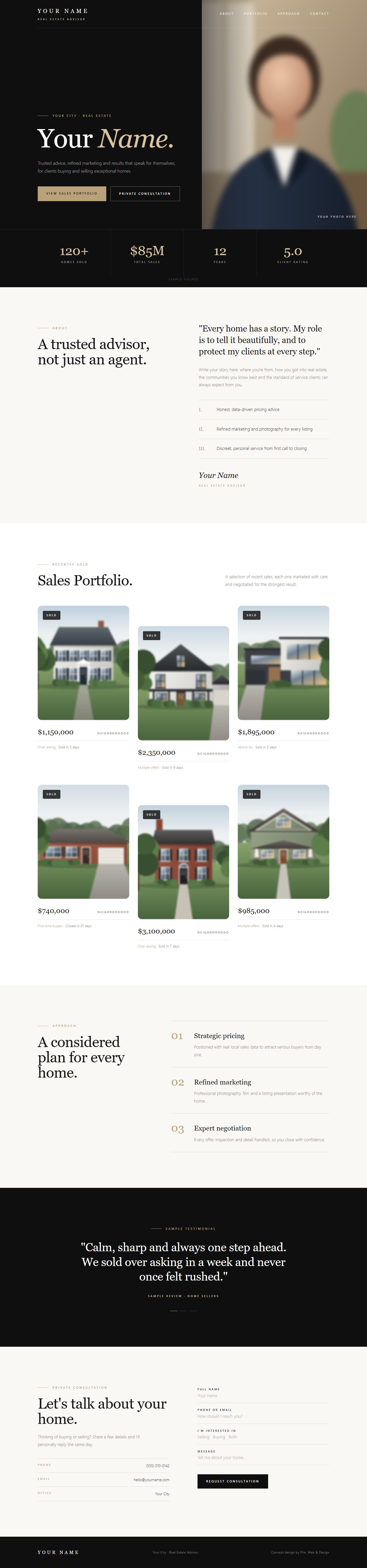 Full home page of a personal real estate agent website: introduction, sales stats, story, homes sold, selling process, reviews and contact form