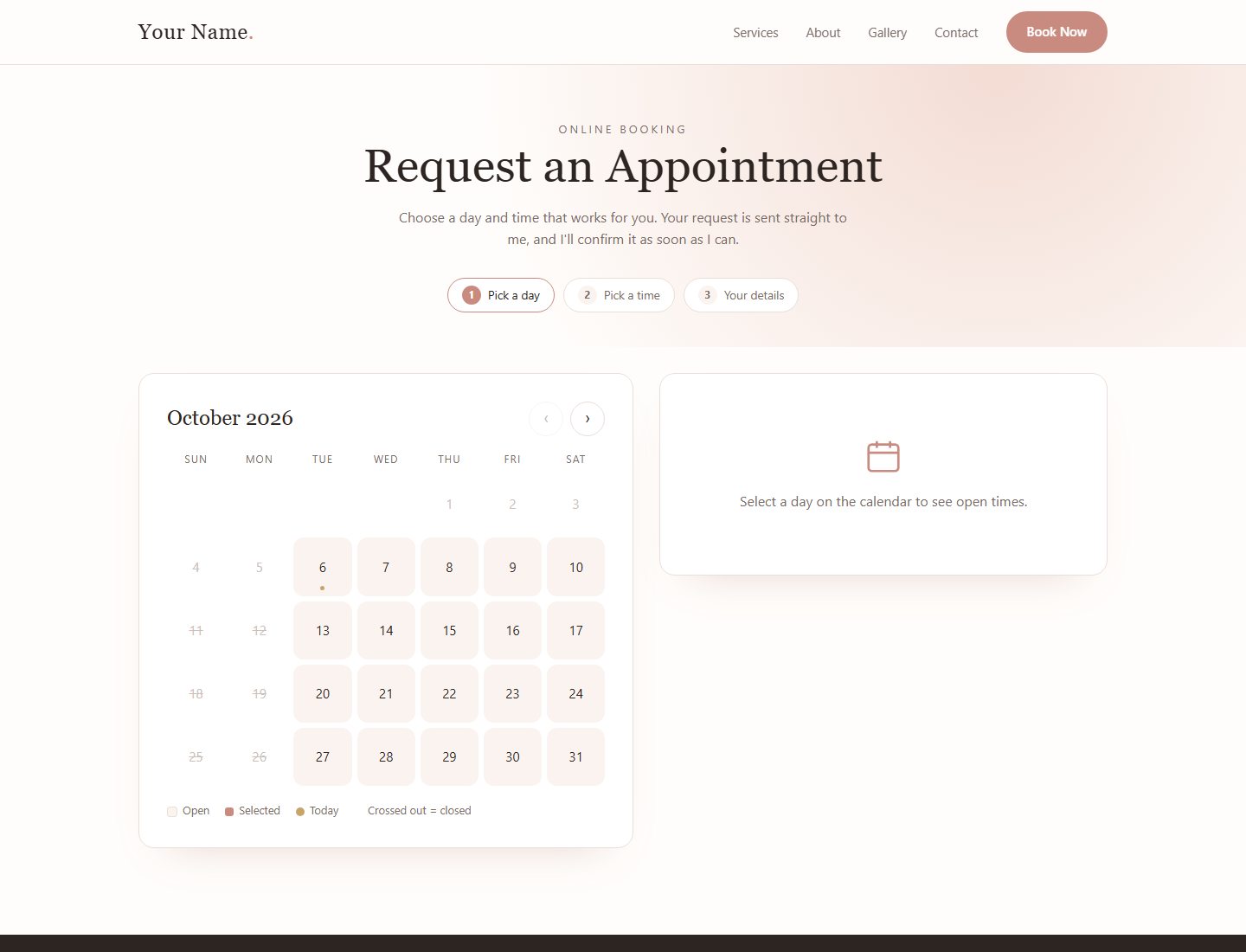 The booking page: a month calendar where clients pick a day and time
